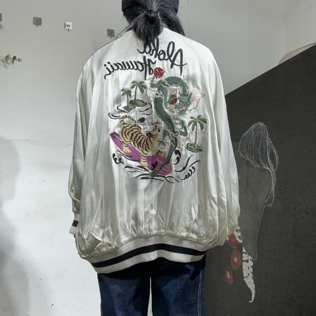 일본빈티지 대장급 화이트 호랑이 용 자수 오버핏 스카잔  L