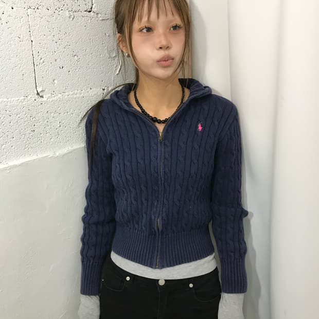 폴로 랄프로렌 네이비 케이블 후드 니트 집업