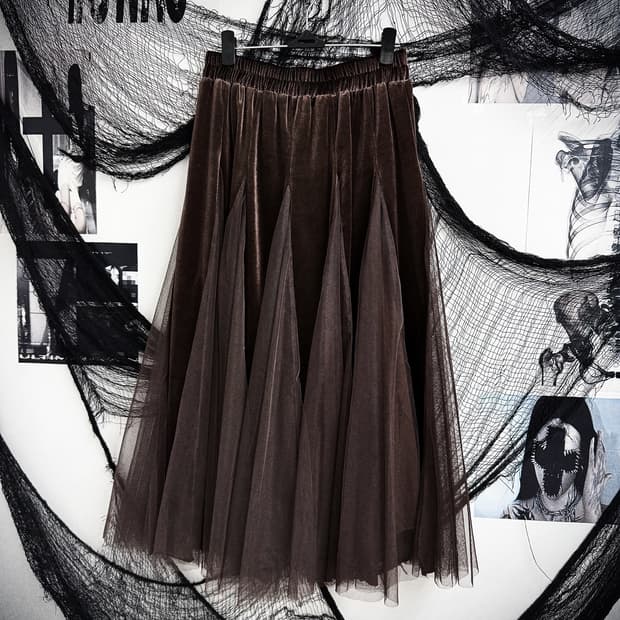 Velvet mesh long skirt