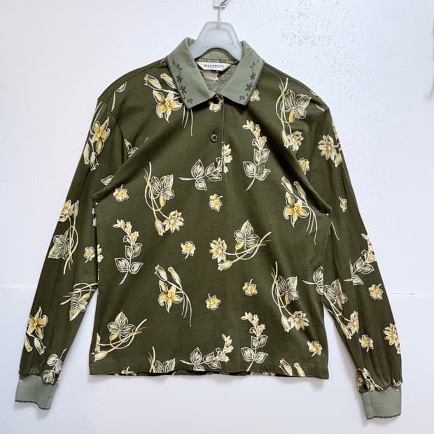 BALMAIN 발망 플라워 패턴 카라 티셔츠 카키 95 명품 카라티