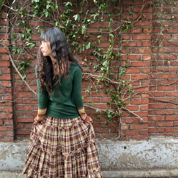 일본 무드 체크 패턴 캉캉 롱스커트