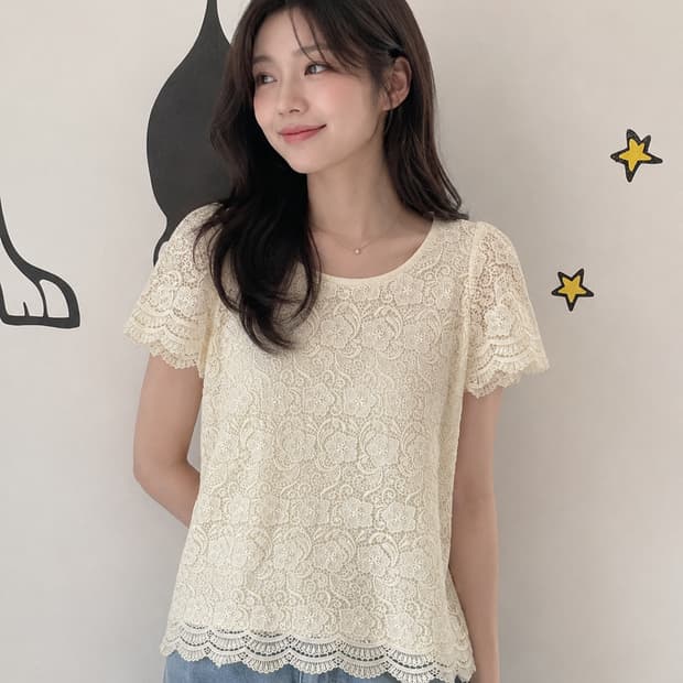 [FREE] IENA SLOBE 플라워 레이스 반팔 블라우스