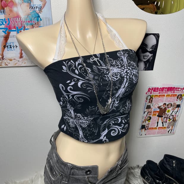 Y2k punk 큐빅 슬리브리스 탱크 탑