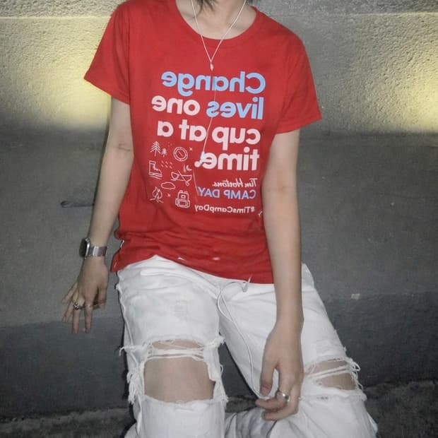 Hiphop 빈티지 레드 반팔 티셔츠