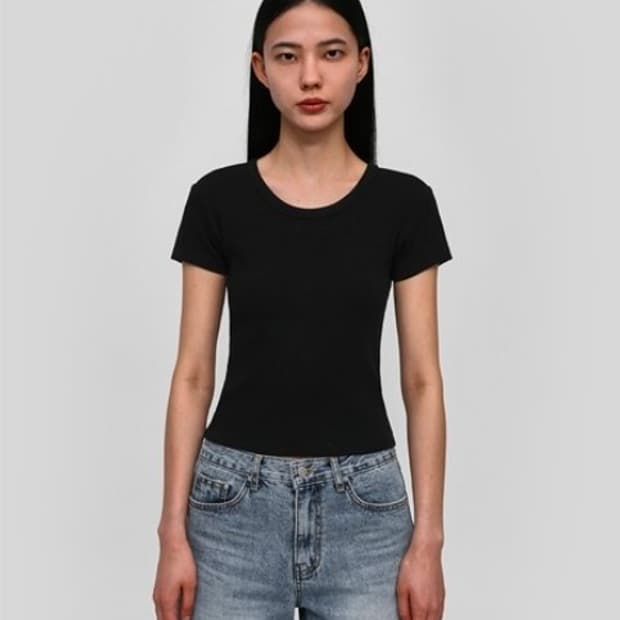 (새상품, 블랙 M) 블랙업 유넥 골지 반팔티