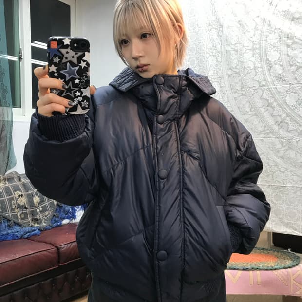 펠틱스 여성 버튼 네이비 후드패딩 