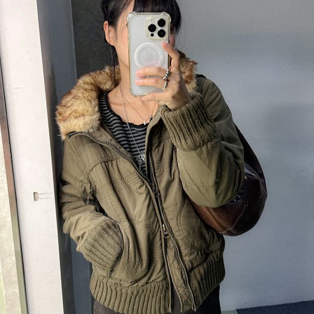 khaki fur collar padded jacket