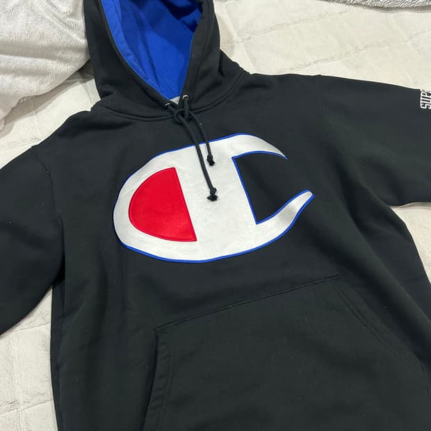 챔피온x슈프림 사틴로고 후드 17ss
