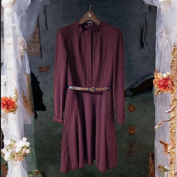 헤지스레이디스 버건디 하이넥 벨티드 울 미디 원피스 55 55(1/2)