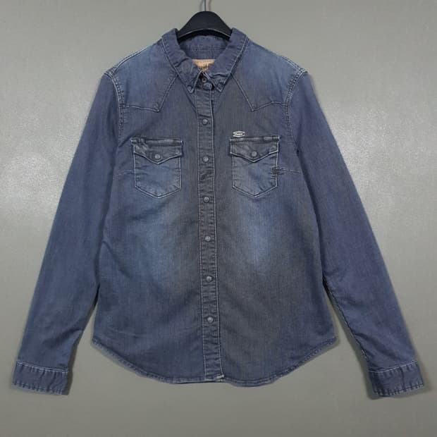 M) 버커루 워싱 투포켓 빈티지 나노 체크 웨스턴 셔츠 남방 인디고