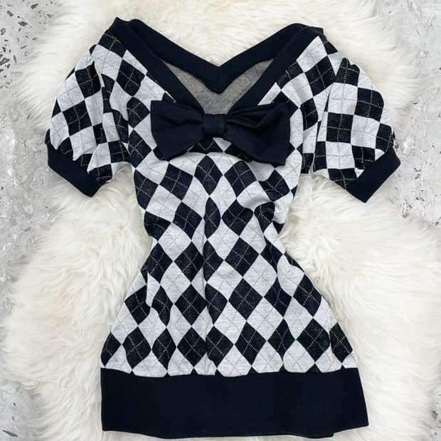 갸루 키치 리본 아가일 탑