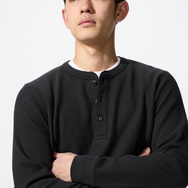 유니클로 와플 헨리넥 블랙 m