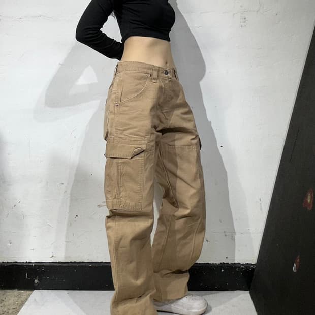 랭글러 베이지 카펜터 립스타 더블니 워크웨어 와이드 카고 팬츠 