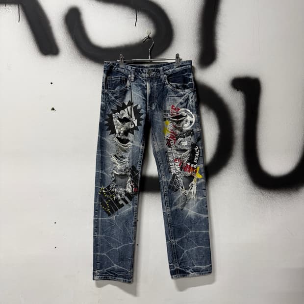 VTG 빈티지 스톤워싱 멀티 패치 디테일 디스트로이드 데님 팬츠