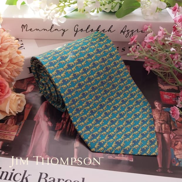 짐톰슨 실크 그린 코끼리 자카드 넥타이 9.5cm A+등급 K1440
