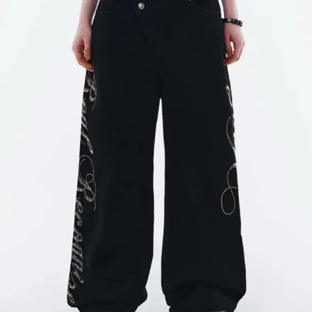 Yeel 사이드 큐빅 데님 팬츠 바지 블랙 와이이엘