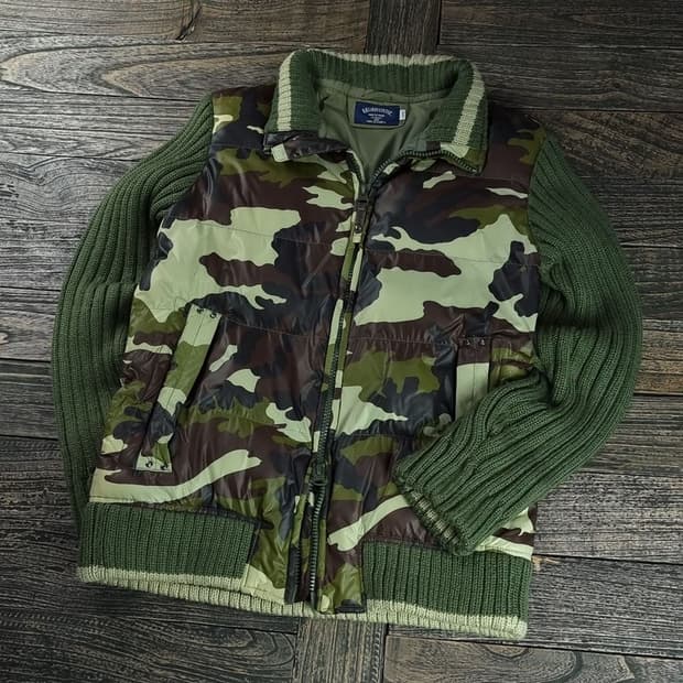 [일본빈티지] 카모 패턴 니트 패딩 집업 카키 M18022