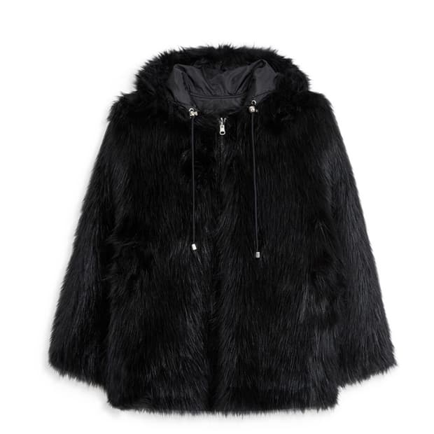 REVERSIBLE FAUX FUR HOOD JACKET, BLACK