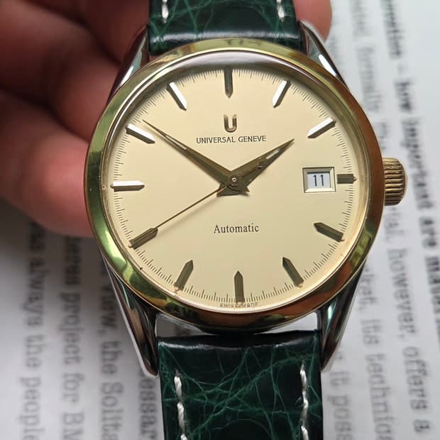 레어] 유니버셜 제네브 18K베젤 콤비 칼침핸즈 시스루백 오토매틱
