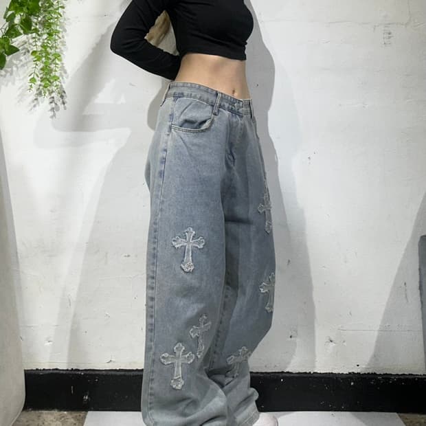 일본 빈티지 연청 십자가 자수 디테일 와이드 데님 팬츠 청바지 XL
