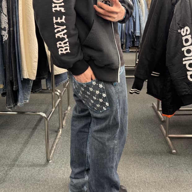 34)Asnadispec 빈티지 포켓 프린팅 블루 스티지 데님팬츠