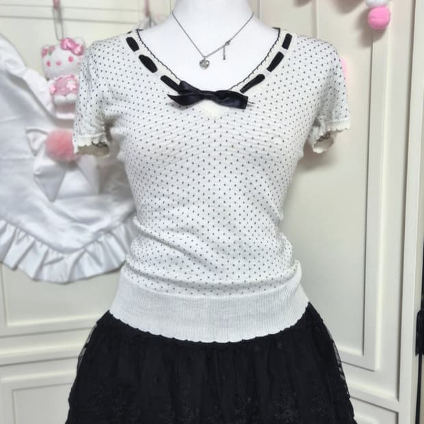 바비 도트 리본 로걀탑 블라우스 히메갸루 공겜여주