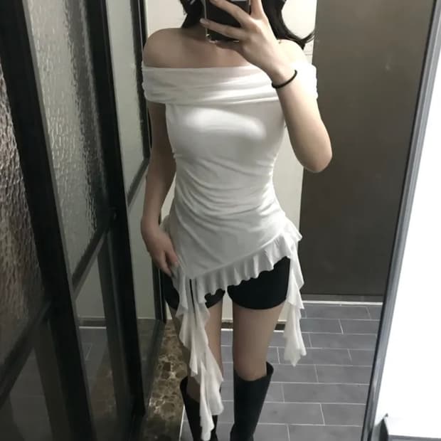 쉬폰 오프숄더 셔링 롱 레이어드 튜브탑
