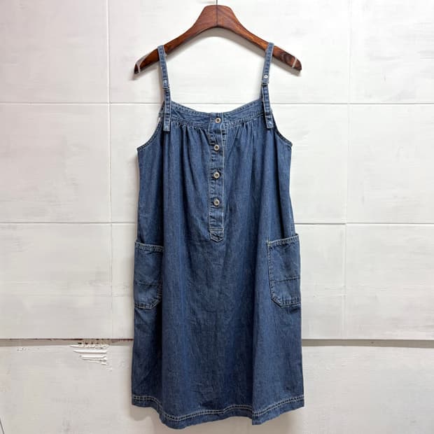 데님 모리걸 청멜빵 포켓 미디 원피스  JPN