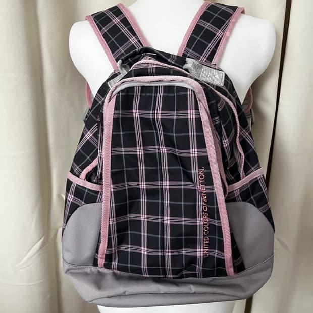 베네통 블랙 핑크 체크 빈티지 가방 일본 빈티지 모리걸 가방