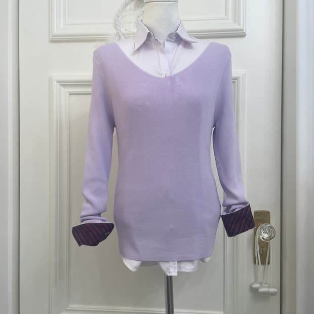 lavender basic knit top&wine point shirt
