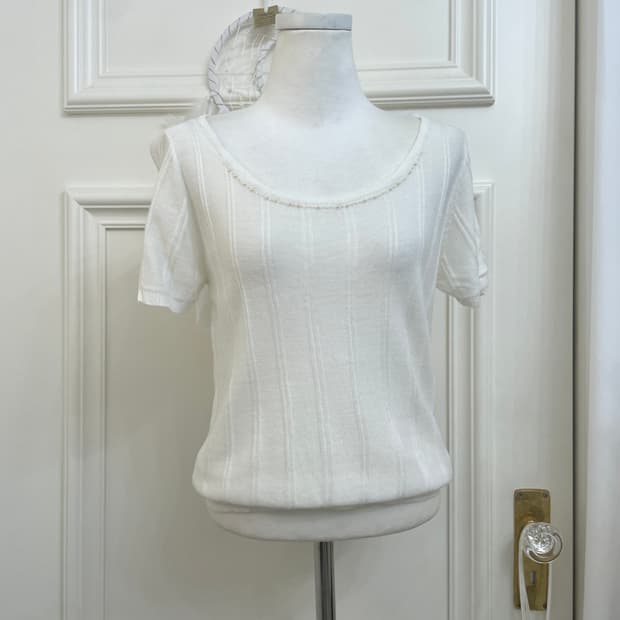 white pearl point half knit top(size-L)