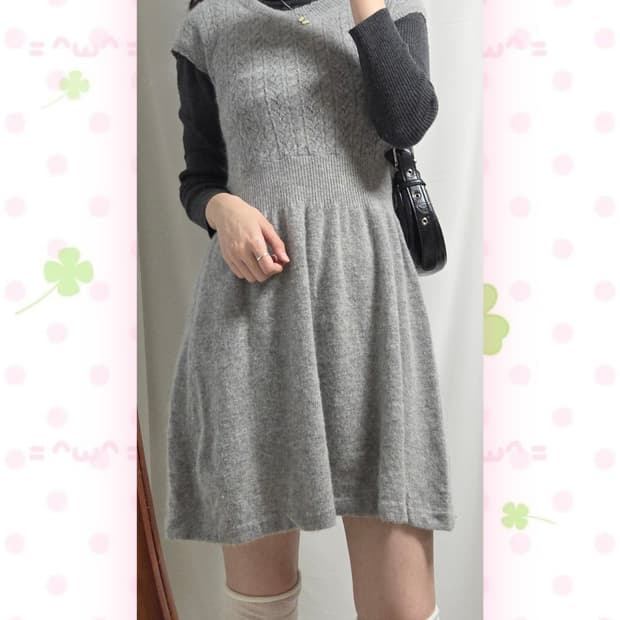 도쿄걸 코디 세트(반팔니트원피스, 차콜 폴라티, 블랙코트, 차콜코트)