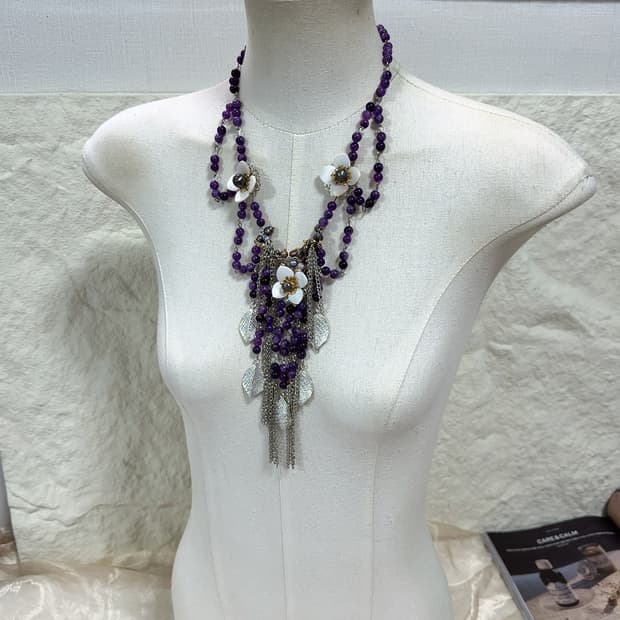 빈티지  자수정 꽃 쉘 담수진주 목걸이