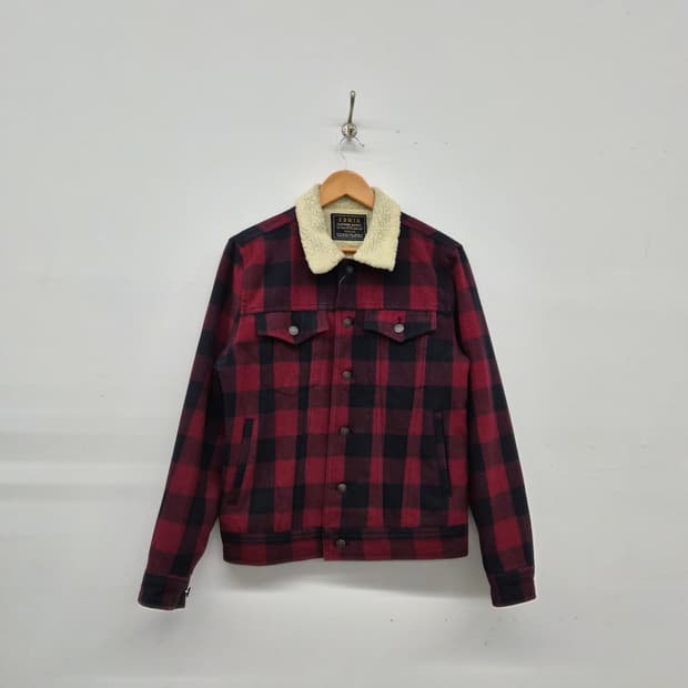 에드윈 체크 셔츠 자켓 붉은색 털카라 남녀공용 M