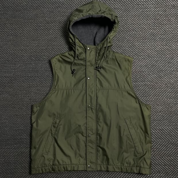 빈티지 립스탑 나일론 기모 후드 베스트 카키o 5319