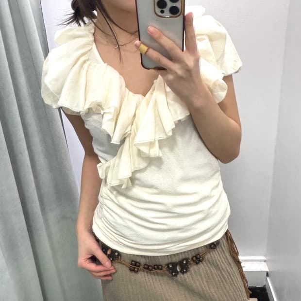 랄프로렌 아이보리 러플 셔링 반팔 블라우스