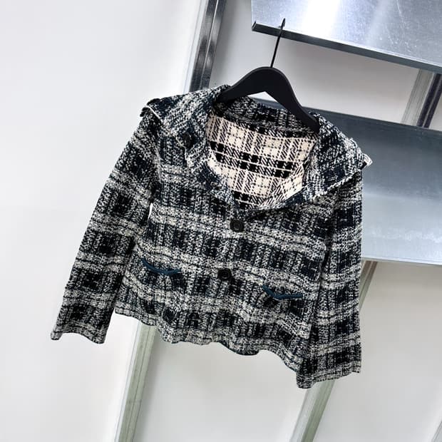 green check wool wide collar cardigan