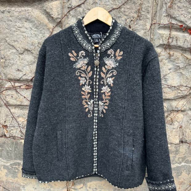 아이슬랜딕 빈티지 니트 자수 패턴 울 자켓 그레이 xl