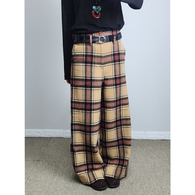 체크 울 와이드팬츠