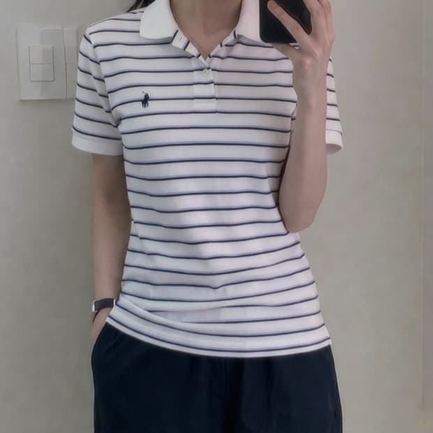 폴로 랄프로렌 스트라이프 카라 반팔티 화이트 남녀공용 S