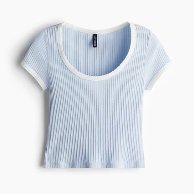 H&M 피코 트리밍 리브드 티셔츠 라이트 블루 S