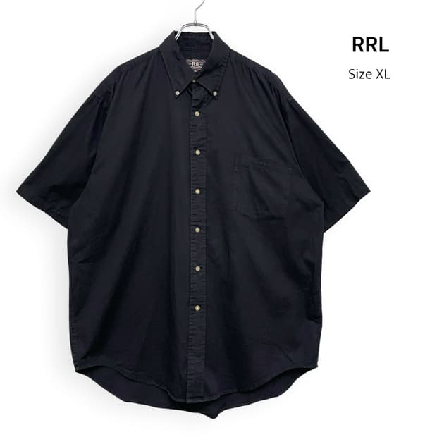 RRL 더블알엘 솔리드 코튼 버튼다운 반팔 셔츠 블랙