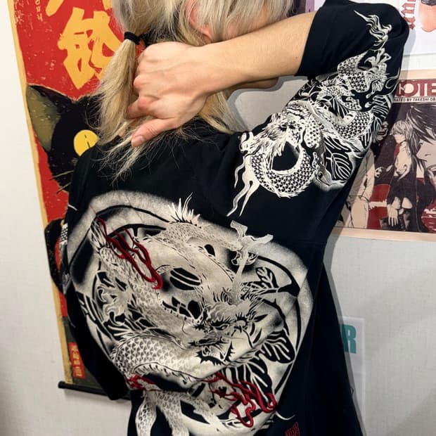 카라쿠리타마시 용 자수 프린팅 칠부 반팔 xxl