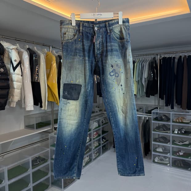 디스퀘어드 레더패치 쿨가이 멀티페인팅 데님 팬츠