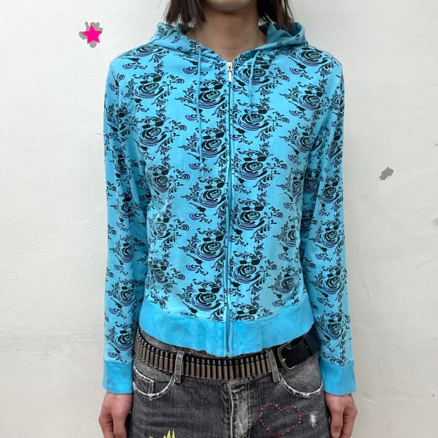 Flower crop blue zip-up hood