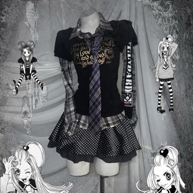 리즈리사 슈슈룬쇼콜라깔 무채색 키치 체크 코디세트 