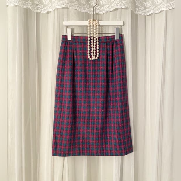 Vintage Wool Blend Check Midi Skirt