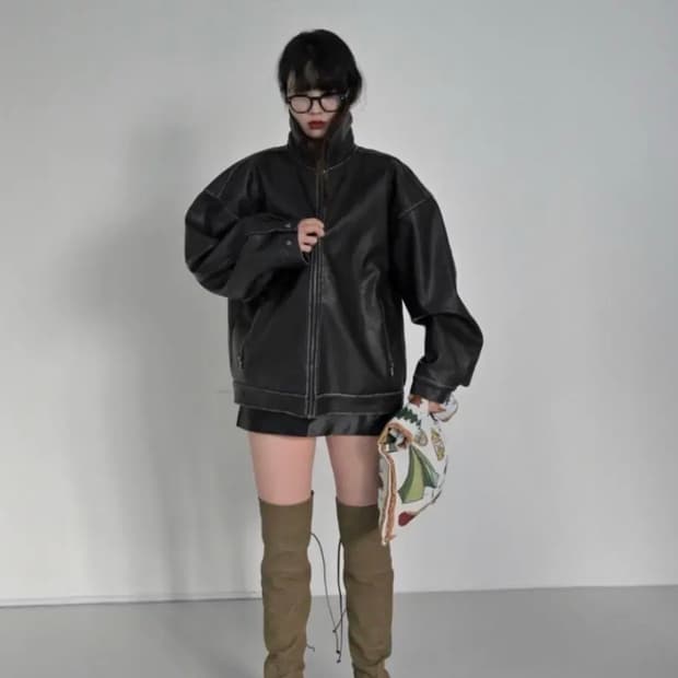 애옹쓰 블랙 레더 블루종 자켓 (안감누빔)