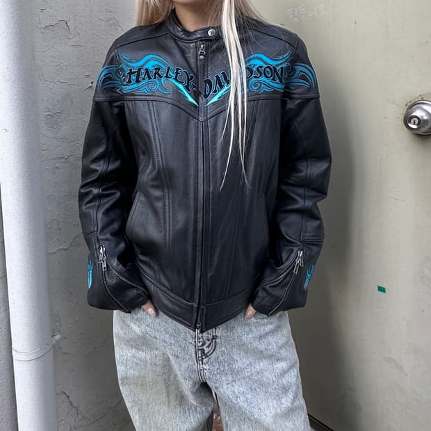 2010년 아카이브 할리 데이비슨 블루 플레임 가죽 자켓