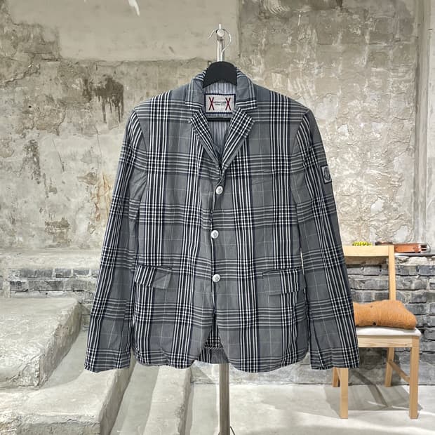 몽클레르 감마 블루 그레이 체크 스냅 버튼 블레이저 자켓